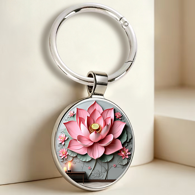 Chinese Style Round Keychain with Lotus Design